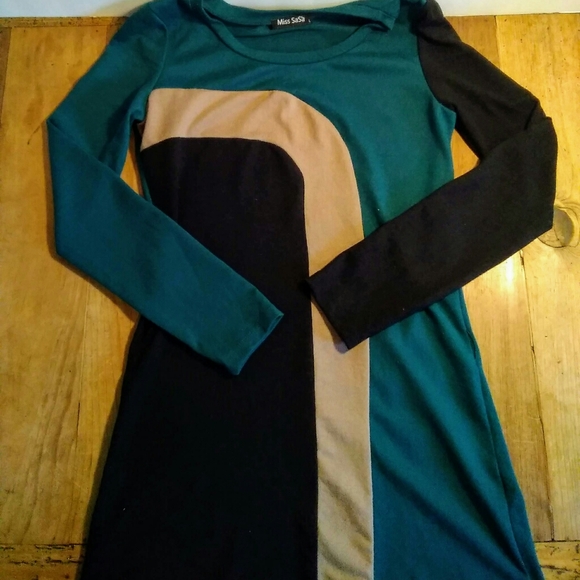🍀🌸 Green/Black/Tan Striped Midi Dress Lg - Picture 1 of 6